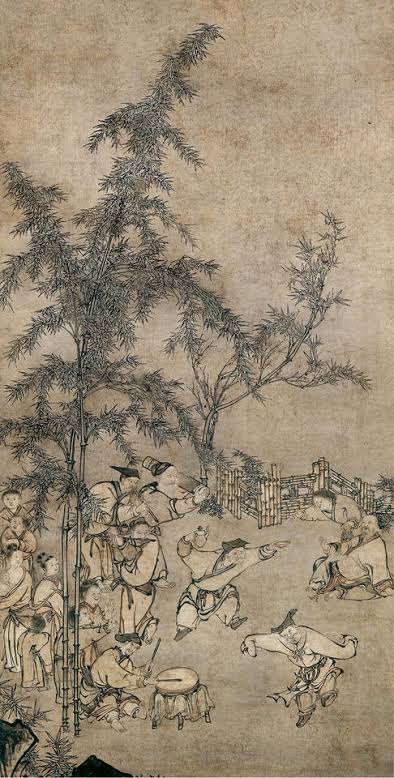 The Seven Sages of the Bamboo Grove gathered among bamboo in a traditional Chinese painting.