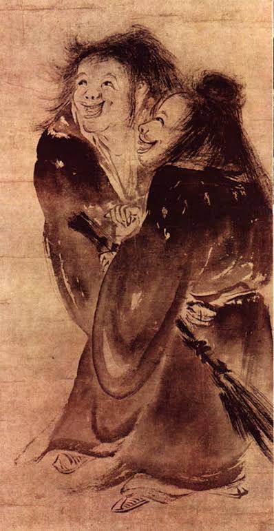 Two Chinese eccentrics laugh together in a traditional ink painting.
