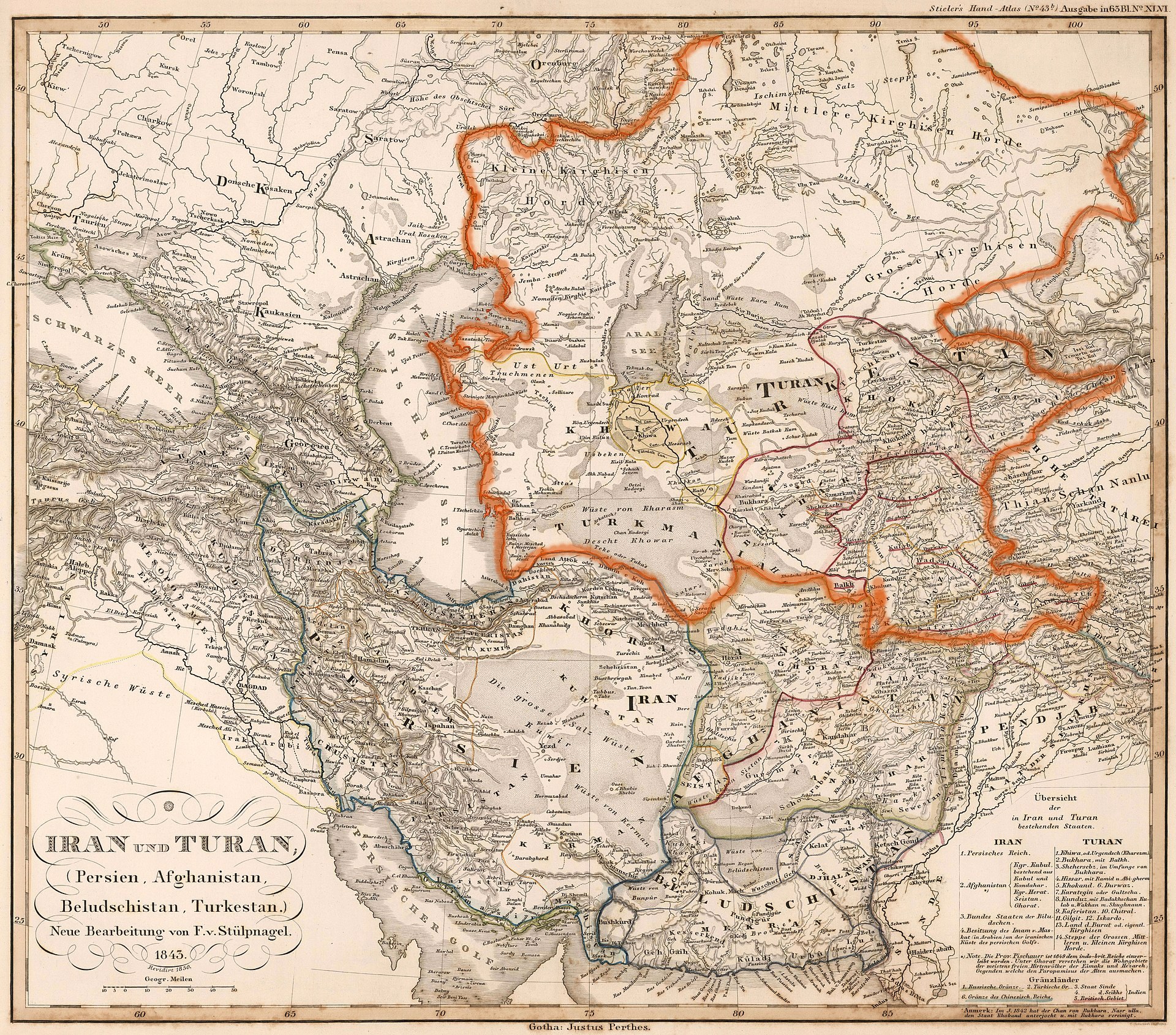 Stieler's 1843 map of Iran and Turan across Inner Asia.