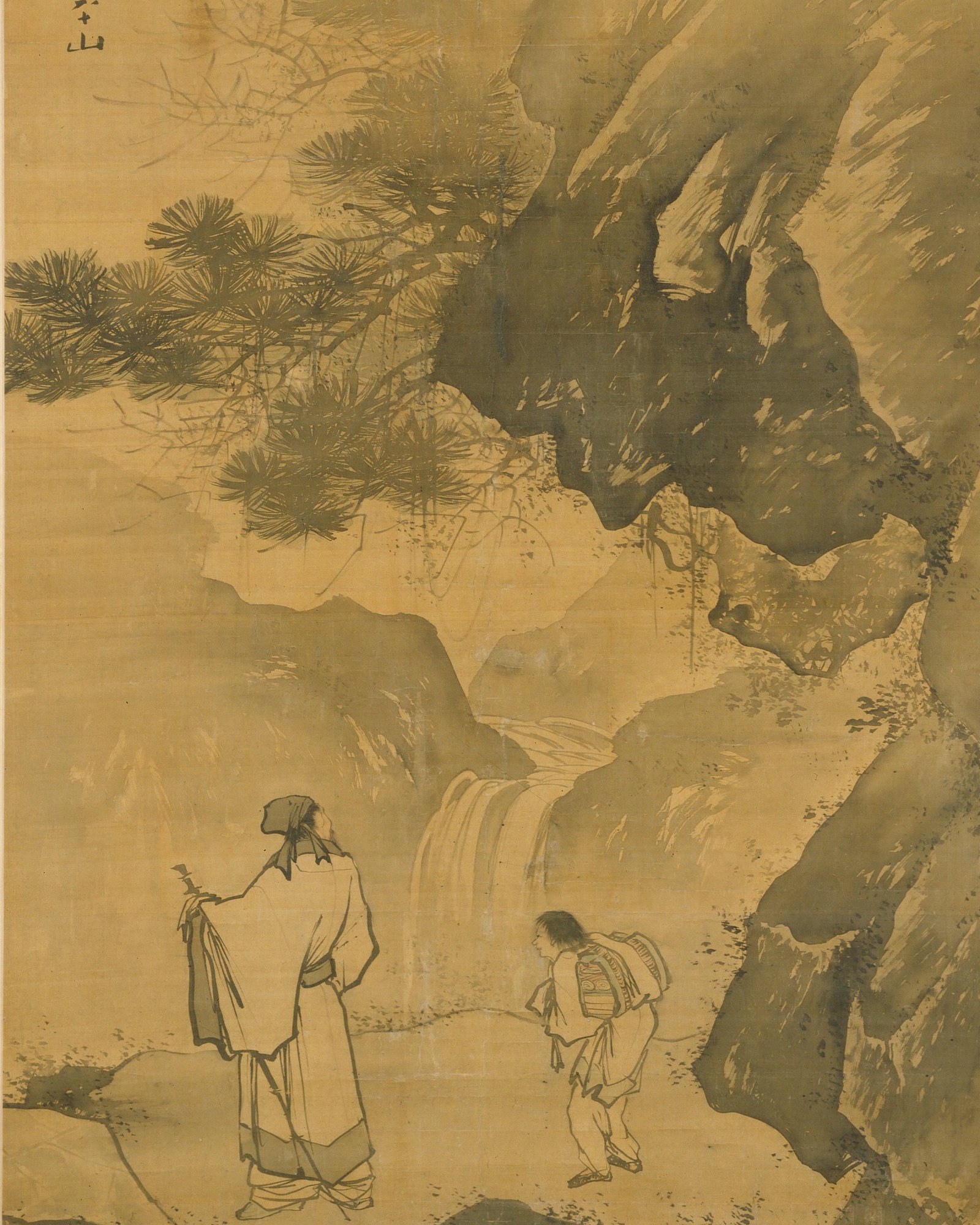 Ming dynasty ink painting of a Daoist sage in contemplation before a mountain waterfall
